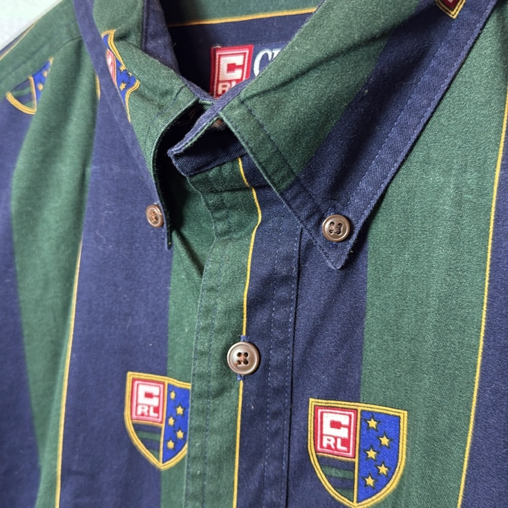 Vintage 90's Chaps Ralph Lauren Men's Green and Blue Striped Shirt